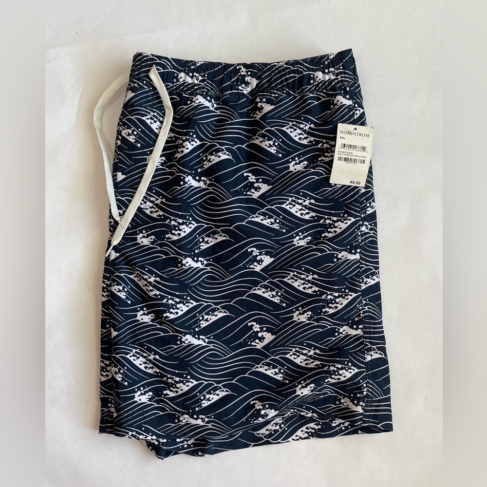 NWT Nordstrom Men’s Shop Swim Trunks, Sz XXL - Blue Chinoise Wave Print
